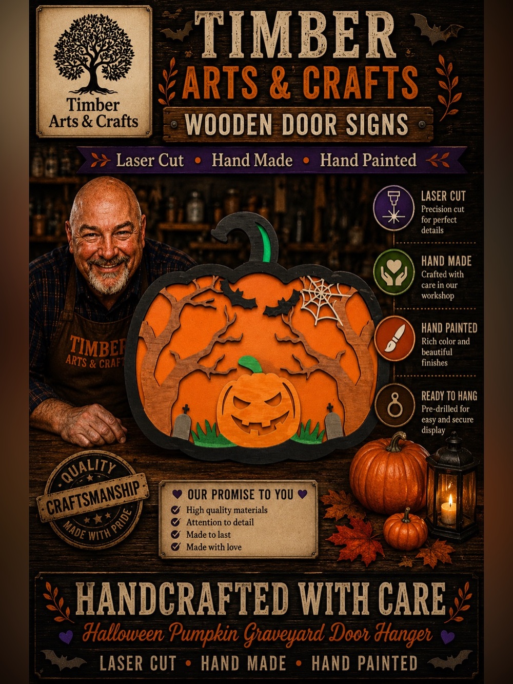 Hand Crafted Wooden "Halloween Pumpkin Graveyard " Door Hanger Laser Cut